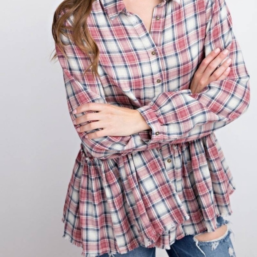 Easel Flowy Plaid Peplum Button Up Top Size Small